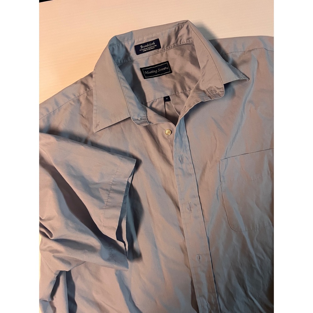 Meeting Street Mens Short Sleeve Button Down Broadcloth Shirt Blue Grey Size 17